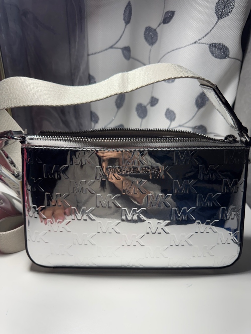 Michael Kors Silver Metallic MK Embossed Crossbody with Cream Strap - Picture 3 of 6